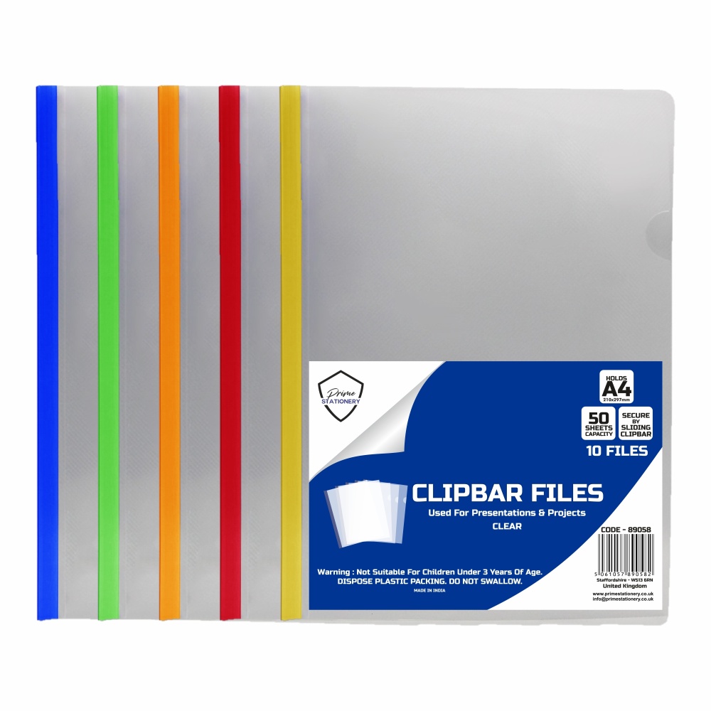 Prime A4 Clip Bar Files Clear Pack of 10